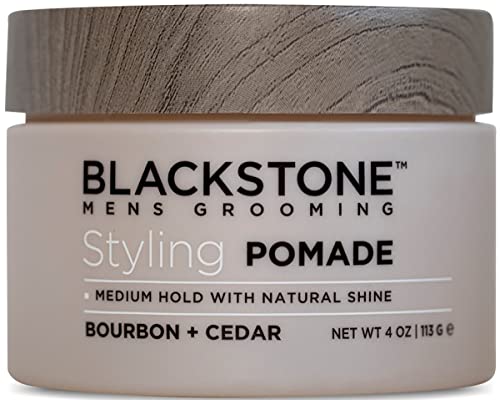Blackstone Men’s Grooming Hair Styling Pomade – Medium Hold with Natural Shine | Paraben & Cruelty | Made in USA, Bourbon + Cedar (4 oz)
