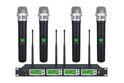 GTD Audio 4×800 Adjustable Channels UHF Diversity Wireless Cordless Handheld Microphone Mic System Ideal for Church, Karaoke, Dj Party, Range 450ft (4 Handheld Mics)