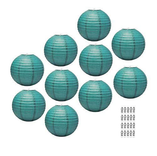 Mudra Crafts Teal Paper Lanterns with Lights – Decorative 12 in 10 Chinese Lanterns for Wedding Party Decorations – Round Hanging Paper Lantern Decor