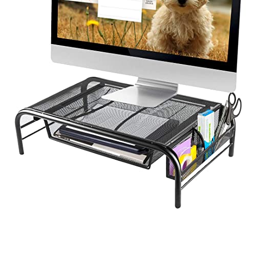 Mesh Monitor Stand Riser & Computer Desk Organizer Black Shelf – with Pull Out Drawer & Side Compartment – for Laptop, iMac, Screens, Keyboard & Printer Holder – Metal (Riser 1 Pack)