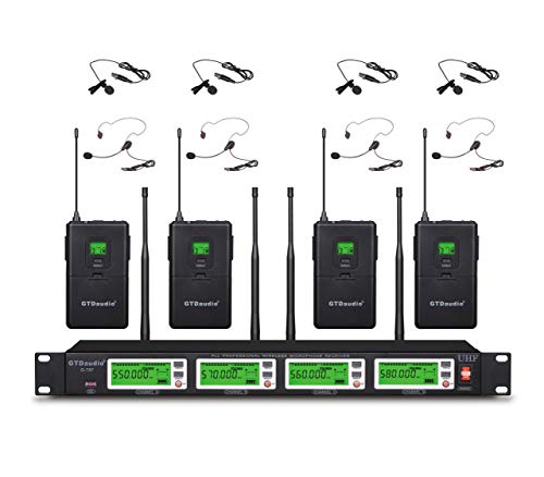 GTD Audio 4×800 Adjustable Channels UHF Diversity Wireless Cordless Lavalier/Lapel/Headset Microphone Mic System 400fts (4 Body Packs)