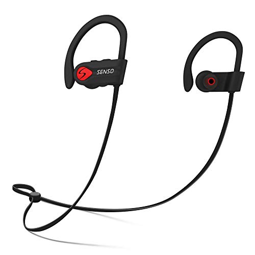 Senso Bluetooth Headphones, Best Wireless Sports Earphones w/Mic IPX7 Waterproof HD Stereo Sweatproof Earbuds for Gym Running Workout 8 Hour Battery Noise Cancelling Headsets (Black Red)