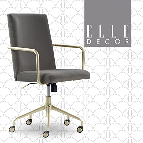 Elle Decor Giselle Modern Home Office Desk Chair, High Back Adjustable Computer Chair with Gold Arms, Base and Wheels, Velvet Fabric, Light Gray