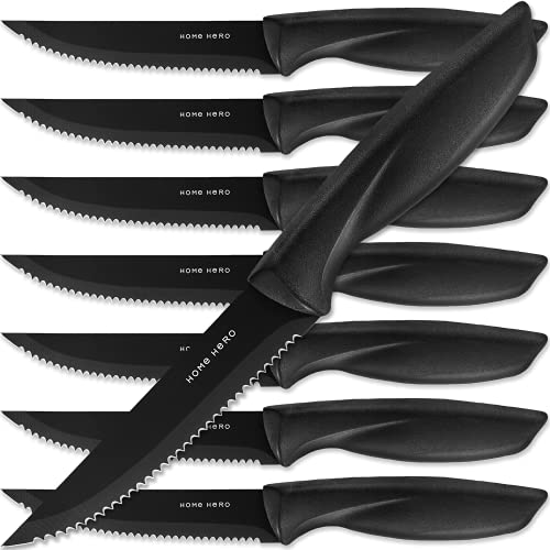 Home Hero Kitchen Knife Set, Steak Knife Set & Kitchen Utility Knives – Ultra-Sharp High Carbon Stainless Steel Knives with Ergonomic Handles (8 Pc Set, Black)