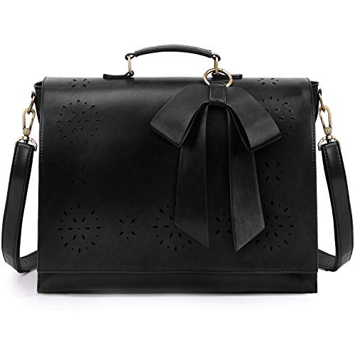 ECOSUSI Women’s Briefcase Vegan Leather 15.6 inch Laptop Bag for Work Computer Shoulder Satchel Bag with Detachable Bow, Black