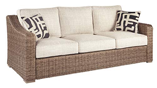 Signature Design by Ashley Beachcroft Outdoor Wicker Patio Sofa with Cushion and 2 Pillows, Beige