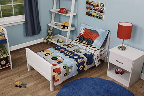 Funhouse 4 Piece Toddler Bedding Set – Includes Quilted Comforter, Fitted Sheet, Top Sheet, and Pillow Case – Construction Car and Truck Design for Boys Bed (Pack of 1)