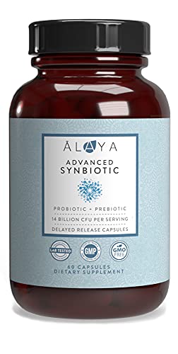 Alaya Naturals Advanced Synbiotic – Probiotic + Prebiotic – 14 Billion CFU Delayed Release Probiotic Supplement with Prebiotics from Sunfiber®, and L-glutamine for Gut Lining Integrity – 60 Capsules