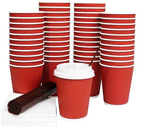 Galashield 12 Oz Disposable Coffee Cups with Lids 50 Pack Hot Paper Ripple Cup with Stirring Straws and Napkins