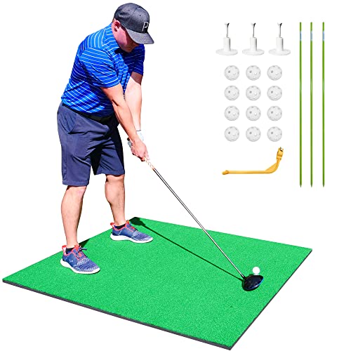 SharperGolf Premium Quality Golf Practice Hitting Mat, 3 Alignment Sticks, Training Aid, 12 Practice Balls, 3 Mat Tees (3′ x 5′ Pro Thickness)