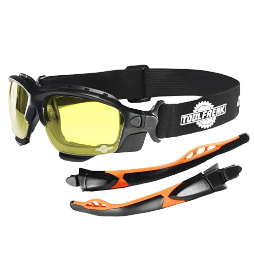 ToolFreak Spoggles Safety Glasses HD Yellow Polycarbonate Lens, Impact Protection, Foam Padded, ANSI Z87 Rated, Hard Case, Head Strap and Lens Cloth