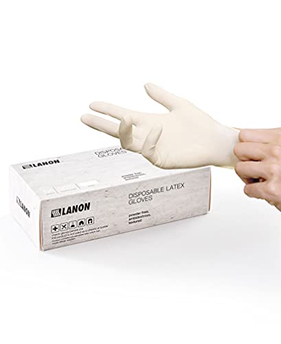 LANON 5 mil Latex Disposable Gloves, Food-Contact Grade, Powder-Free, Fully Textured, White, Medium