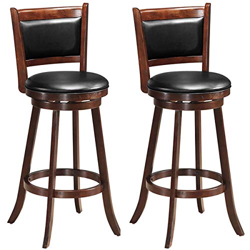 COSTWAY Bar Stools Set of 2, 360 Degree Swivel, Accent Wooden Swivel Seat Bar Height Stool, Leather Upholstered Design, PVC Cushioned Seat, Perfect for Dining and Living Room (Height 29″)