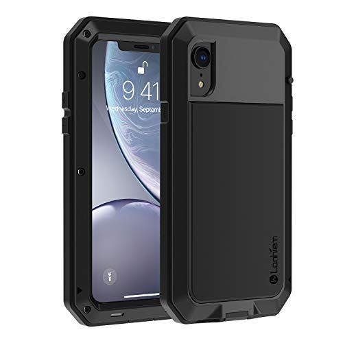 Lanhiem iPhone XR Metal Case, Heavy Duty Shockproof [Tough Armour] Rugged Case with Built-in Glass Screen Protector, 360 Full Body Protective Cover for iPhone XR (6.1″ 2018) -Black
