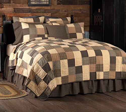 VHC Brands Kettle Grove 3 Piece Queen Quilt Set Primitive Country Patchwork Design, Country Black and Creme