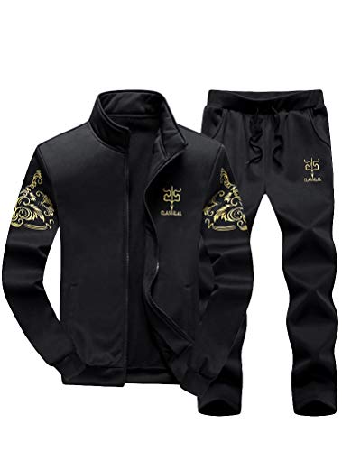 PASOK Men’s Casual Tracksuit Full Zip Running Jogging Athletic Sports Jacket And Pants Set Black L