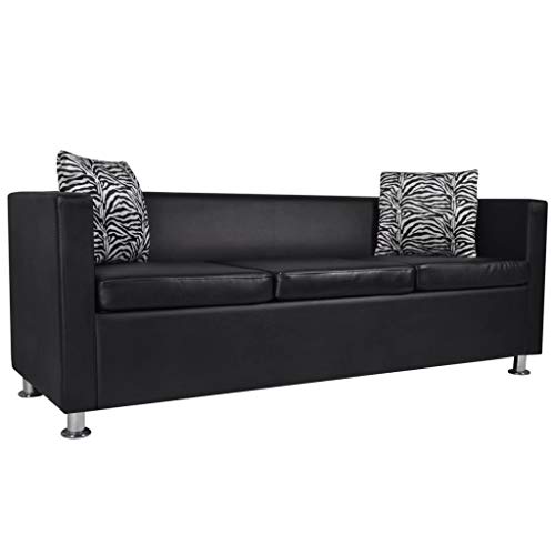 Festnight 3 Seater Sofa Faux Leather Upholstery Modern Couch with Armrest and Pillows for Living Room Home Office Furniture (Black)