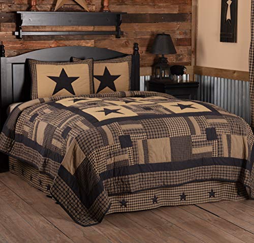 VHC Brands Black Check Star 3 Piece Queen Quilt Set Country Rustic Primitive Design, Black and Tan