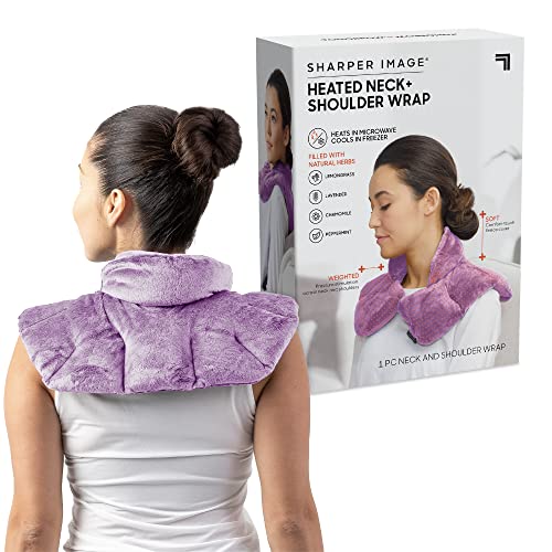 Heated Neck & Shoulder Wrap by Sharper Image – Microwavable Warm & Cooling Plush Pad with Aromatherapy (100% Natural Lavender & Herb Spa Blend) – Soothing Muscle Pain & Tension Relief Therapy – Purple