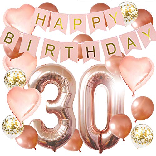 30th Birthday Decorations For Her – Birthday Decorations: 40 Inch 30th Gold Balloons, Pink and Gold Happy Birthday Decorations for Women, Happy Birthday Banner, Confetti Balloons, Rose Gold Heart Balloons (22 Pieces)