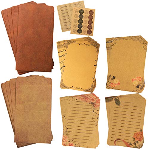 CenterZ Vintage Stationary Paper + Kraft Envelopes Set with Seal Stickers (64pcs 4 Patterns 8.3 x 5.7 Writing Stationery Papers, 20pcs 2 Colors 7.9 x 4.7 Letter Envelope, 36pcs 2 Styles Rustic Seals)