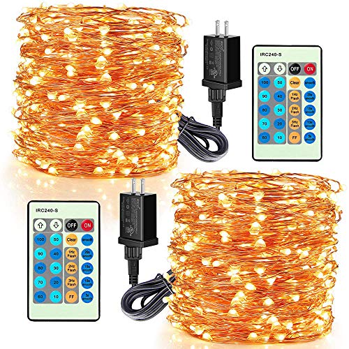 Moobibear LED Fairy String Lights 99ft 300 LEDs Dimmable Outdoor/Indoor Starry String Lights, Warm White Copper Lights with Remote Control for Garden Room Patio Party Valentines Day Decor 2Pack