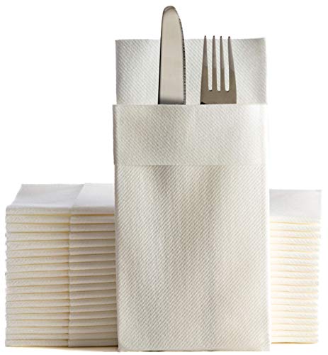 White Dinner Napkins Cloth Like with Built-in Flatware Pocket, Linen-Feel Absorbent Disposable Paper Hand Napkins for Kitchen, Bathroom, Parties, Weddings, Dinners or Events, 16×16 inches, Pack of 50