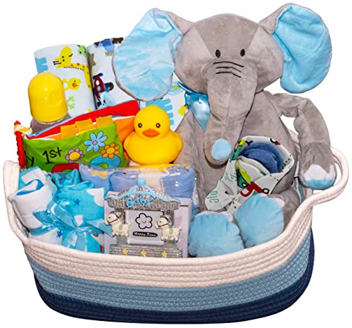 Nikki’s Gift Baskets – Bundle of Joy Deluxe Baby Boy Gift Set with 21-Piece Newborn Essentials, Medium Baby Gift Basket Kit for Expecting Moms, Blue