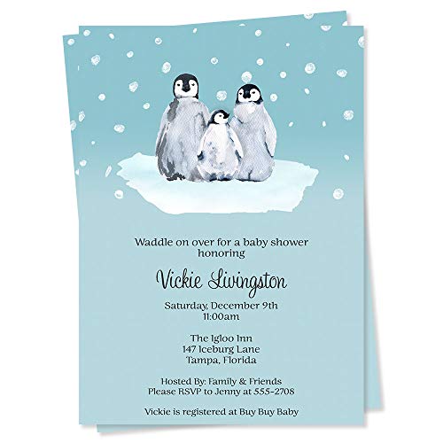 Penguin Baby Shower Invitations Winter Sprinkle Invites Little Penguin Blue Snow Penguins Co-Ed Family Guys and Gals Gender Neutral Girl or Boy Waddle on Over Customized Printed Cards(12 count)