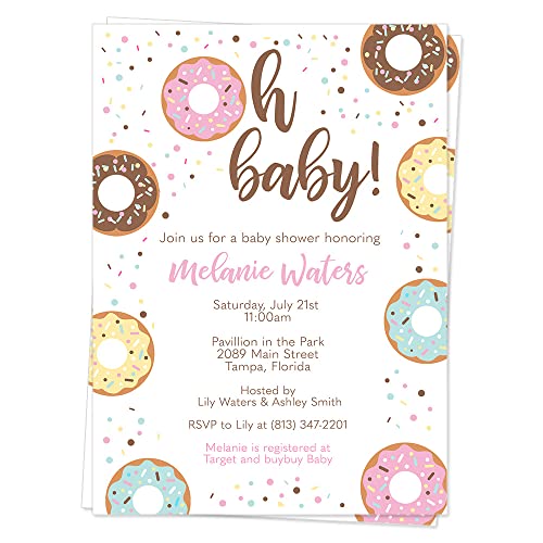 Donut Baby Shower Invitations or Sprinkle Invites Confetti Oh Baby Girl Boy or Gender Neutral Pink Blue Yellow Doughnuts Customized Printed Cards(12 Count)