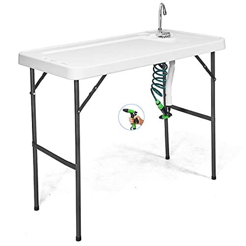 GYMAX Fish Cleaning Table with Sink, Folding Fish Cleaning Station with Faucet, Spray Cleaner & Drain Hose, Outdoor Camping Wash Table with Sink
