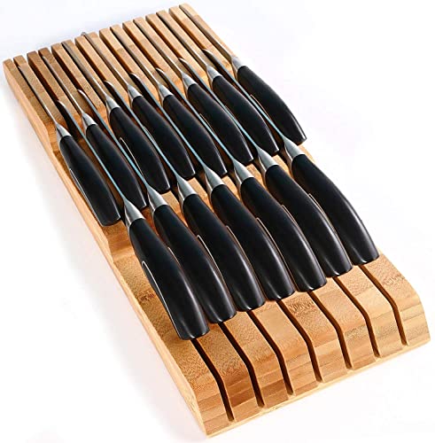 WWOODSUN Drawer Knife Organizer Holds 15 Knives (Not Include Knifes), Edge-Protecting Bamboo Knife Holder for Kitchen Drawer, In Drawer Knife Block for Kitchen Storage, 17”L x 7.4”W x 1.57”H
