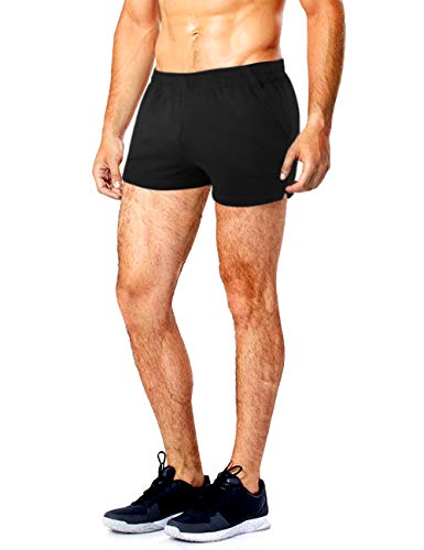 Muscle Alive Men’s Running Shorts with Pockets 3″ Inseam Cotton Lounge Short Bottoms Black Color Size M