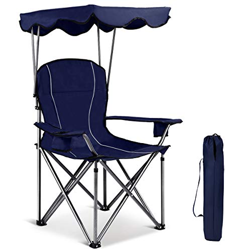 GYMAX Canopy Camping Chair, Folding Sport Chair with Sunshade & Carrying Bag, Portable Heavy Duty Chair for Beach, Poolside, Travel Picnic (Blue)