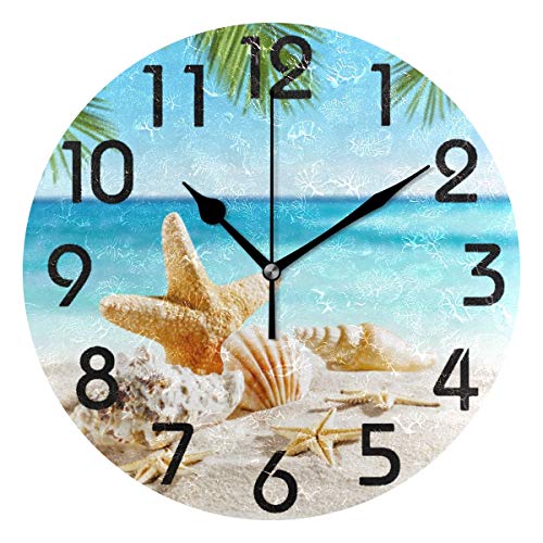 Naanle 3D Beautiful Tropical Summer Beach Starfish Shell on Sand Print Round Wall Clock Decorative, 9.5 Inch Battery Operated Quartz Analog Quiet Desk Clock for Home,Office,School