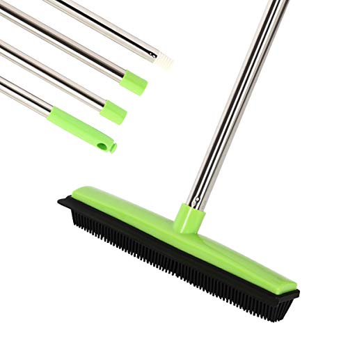 MEIBEI Pet Hair Removal Broom with Squeegee -53″, Long Handle Soft Bristle Rubber Broom, Ideal for Remove Fur from Carpets, Rugs, Hardwood and Linoleum