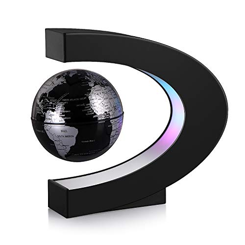TeaMaX Magnetic Levitation Floating World Map Globe with C Shape Base, Best Business Men Gift, Floating Decoration Black Silver Globe with LED Lights, Fathers Students Teacher Birthday Gift