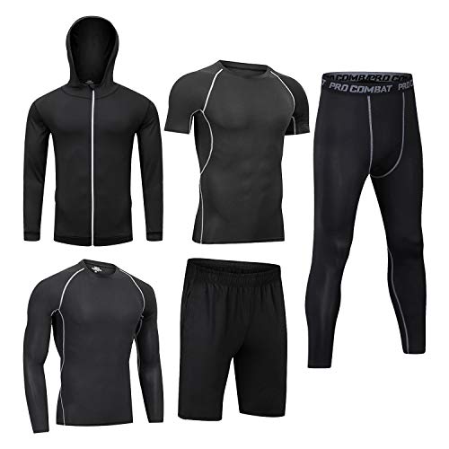 BOOMCOOL Men Workout Clothes Outfit Fitness Apparel Gym Outdoor Running Compression Pants Shirt Top Long Sleeve Jacket Black