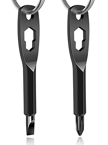 Keychain Screwdriver Tool 2 Pack, Poswlto 6-in-1 Screwdriver Set, Flathead and Phillips Bit, Hex Socket Wrench, Stocking Stuffers for Mens, Adults, Father, Husband, Employee, Christmas Gifts (Black)