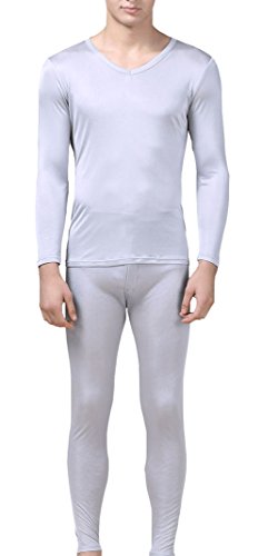 Grenasasilk Men’s Silk Long Johns| Mulberry Silk Thermal Underwear Sets|V-Neck Mens Silk Long Underwear& Base Laye(XL, Silver Gray)