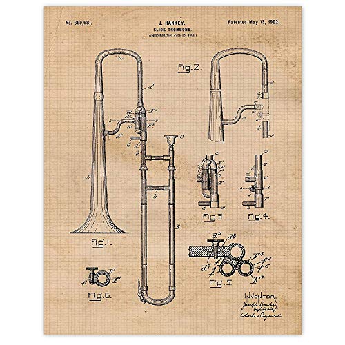 Vintage Trombone Instruments Patent Prints, 1 (11×14) Unframed Photos, Wall Art Decor Gifts Under 20 for Home Office Man Cave Music Studio School Band College Student Teacher DJ Classic Rock Jazz Fan