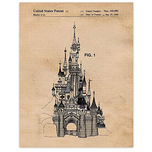Vintage Disney Sleeping Beauty Castle Vintage Patent Prints, 1 (11×14) Unframed Photos, Wall Art Decor Gifts Under 15 for Home Office Studio College Student Teacher Movies Magic Amusement Park Fan