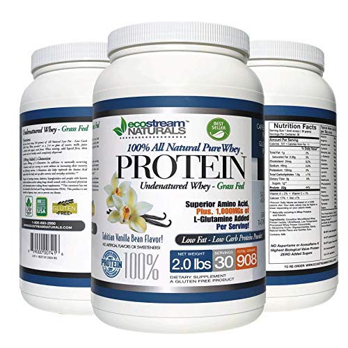 Pure 100% Undenatured 100% Grass Fed Whey Protein 1.7 lbs – Low Carb Low Fat Rich Vanilla Bean Flavor No Artificial Sweeteners or Flavors with 1000 mg Added L-Glutamine – 1.7 lbs