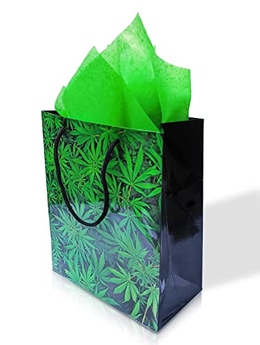 Gift Bag with Tissue, Large Size, Marijuana Bud and Leaves Print, with Cotton Handles, for Christmas, Holiday, Birthday, Wedding, Bachelor, and Bachelorette Occasions