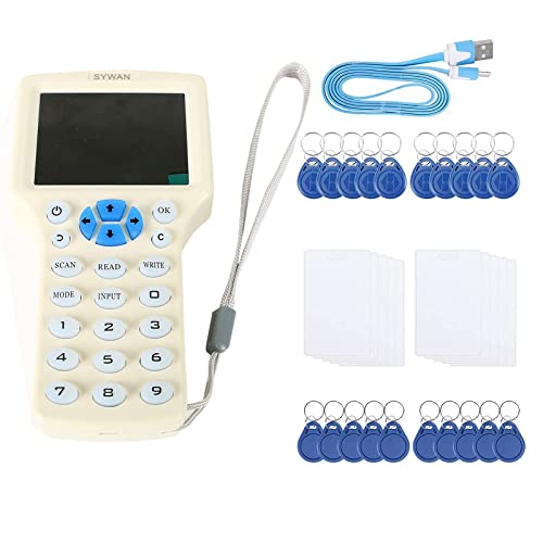 SYWAN English 10 Frequency NFC RFID Reader Copier Writer Duplicator for IC ID Cards and All 125kHz Cards,10 Pcs ID 125khz Cards + 10pcs ID 125kh Key Fobs + 10pcs 13.56mhz IC Key Fobs + 1 USB