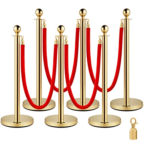 Mophorn 6PCS Gold Stanchion Post, 4 Red Velvet Ropes Queue Rope Barriers, 38In Crowd Control Barrier Queue Line, Crowd Control Poles, for The Ceremony, Museums