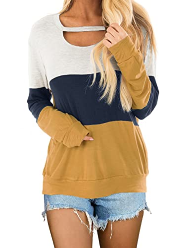 Topstype Women’s Fall Color Block Chest Cutout Tunics Long Sleeve Shirts Scoop Neck Blouse Casual Loose Fit Tops A-yellow