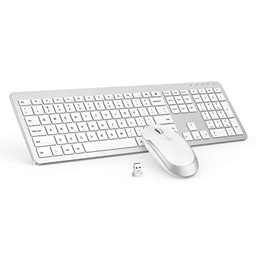 Wireless Keyboard and Mouse Combo – Full Size Slim Thin Wireless Keyboard Mouse with Numeric Keypad with On/Off Switch on Both Keyboard and Mouse – White & Silver