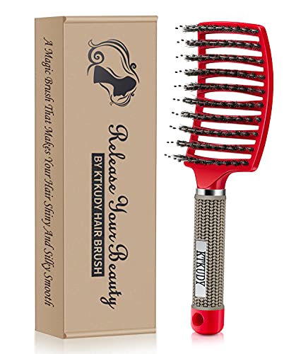 KTKUDY Detangling Hair Brush – Boar Bristle & Tangle-Free Design for Kids, Women, and Men – Perfect for Wet and Dry Hair – Smooth, Magical Pain-Free Styling (Red)