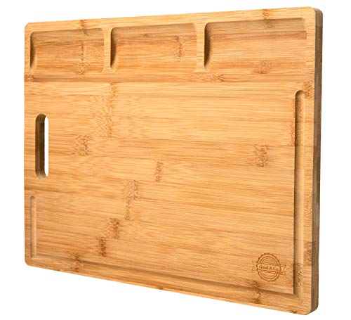 Large Organic Bamboo Cutting Board – Wooden Charcuterie Cheese Serving Platter For Kitchen – With Deep Drip Edge & Garnish Bowls – Boards Are BPA Free,16×12” – Unique Housewarming Gift Idea – Good&Co.